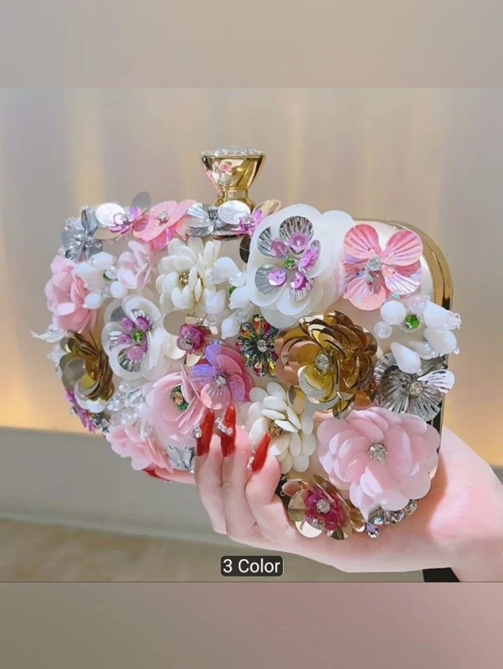 Embellished Floral Clutch Bag in Pink, White & Gold